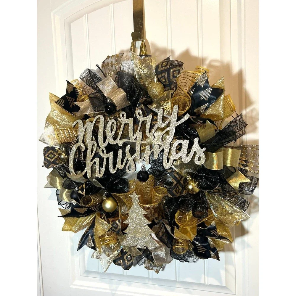 Black & Gold Merry Christmas Tree Ribbon Door Wreath Handmade 22 ins LED W24